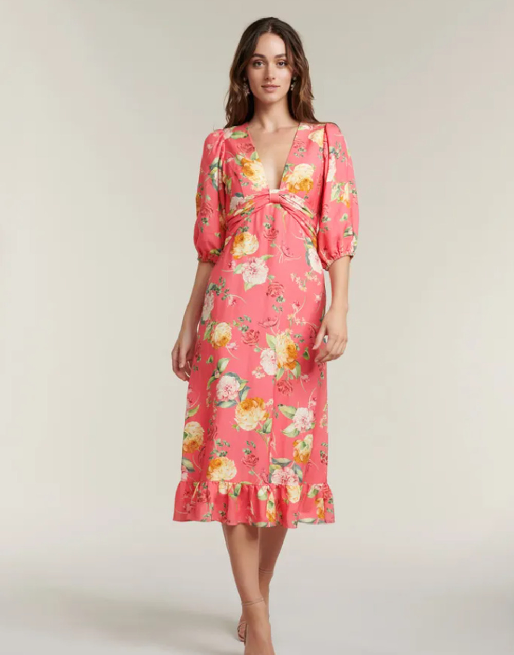 NWT Ever New Cartier Pink Floral Linen Blend Midi Dress Puff Slv Sz 8 Cottagecor